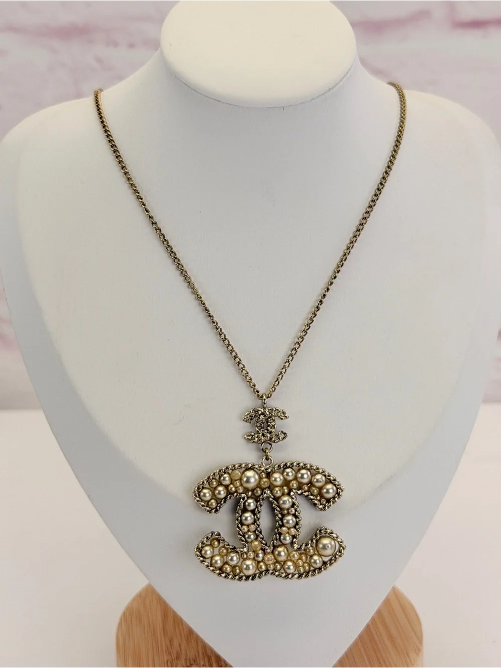 Authentic Chanel Gold/Champagne Strass Crystal  CC Logo Pendant Necklace